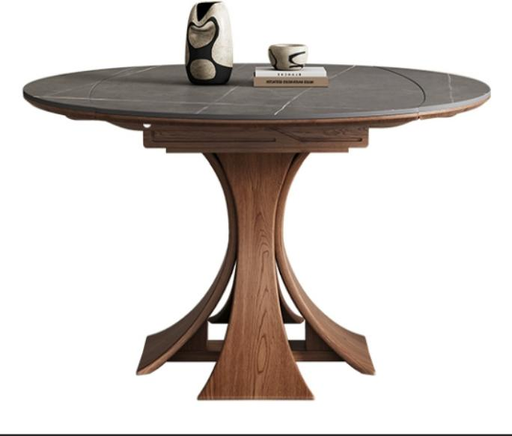 中古風 岩板 可伸縮 圓形實木餐桌865#OL